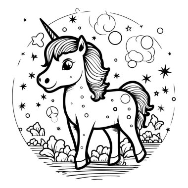 Tek boynuzlu at. Boyama kitabı için siyah ve beyaz vektör çizimi.