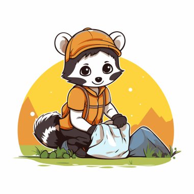 Parkta çantası olan sevimli bir rakun. Vektör illüstrasyonu.