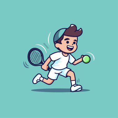 Çizgi filmci çocuk tenis oynuyor. Tenis oynayan bir çocuğun vektör illüstrasyonu.