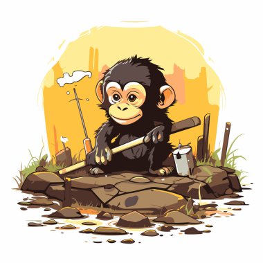 Maymun kayada oturup balık tutuyor. Vektör çizgi film illüstrasyonu.