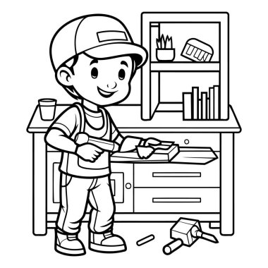 Masadaki tamirci. Boyama kitabı için Vektör illüstrasyonu.