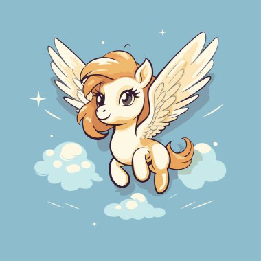 Gökyüzünde uçan kanatlı şirin tek boynuzlu at çizgi filmi. Vektör illüstrasyonu.