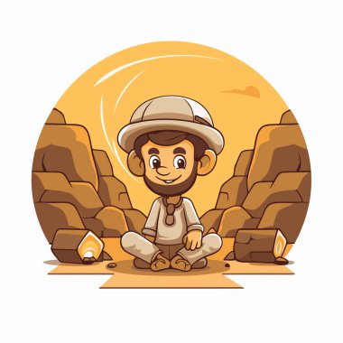 Çölün ortasında oturan bir çizgi film kaşifinin tasviri