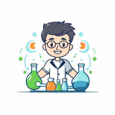 Kimyasal mataraları ve test tüpleriyle çizgi film bilim adamı. Vektör illüstrasyonu.