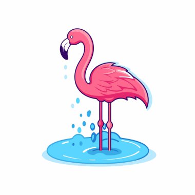 Flamingo suda. Çizgi film düz stiliyle vektör illüstrasyonu.