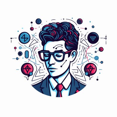 Gözlüklü, garip bir saç stili olan genç bir adamın vektör çizimi.