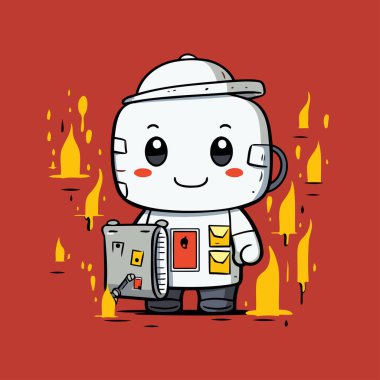 Yangın arka planında evrak çantası olan sevimli çizgi film robotu. Vektör illüstrasyonu.
