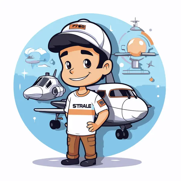 Zeichentrickpilot Mit Flugzeug Und Hubschrauber Vektorillustration Cartoon Stil — Stockvektor