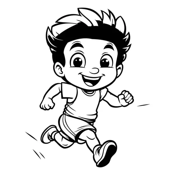 Running Kid Zwart Wit Cartoon Illustratie Van Een Kind Hardlopen — Stockvector