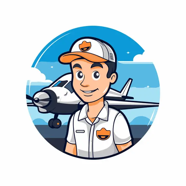 Piloto Avião Com Avião Ilustração Vetorial Estilo Cartoon Sobre Fundo — Vetor de Stock