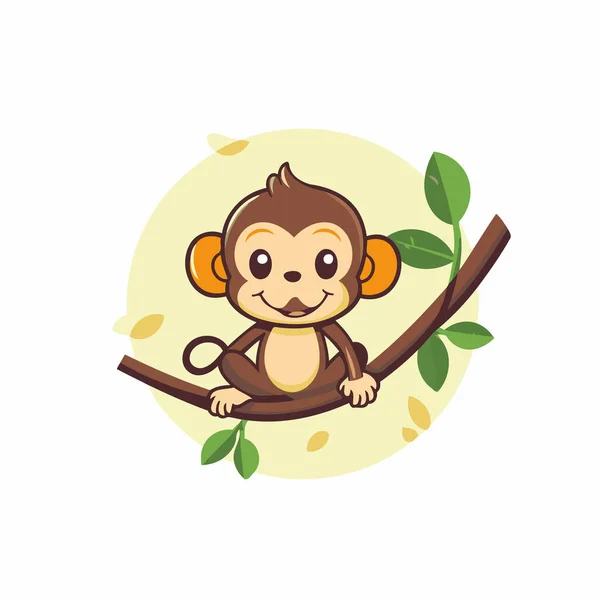 Cute Cartoon Monkey Sitting Tree Branch Vector Illustration — Stock Vector