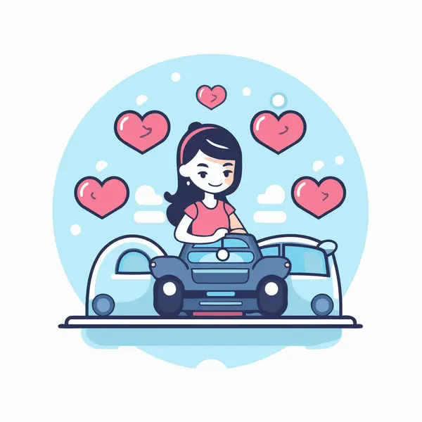 Mädchen Steuer Eines Autos Mit Herzen Sich Herum Vektorflache Illustration — Stockvektor
