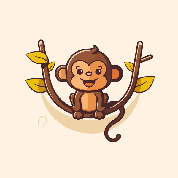 Cute Cartoon Monkey Sitting Tree Branch Vector Illustration — Stock Vector