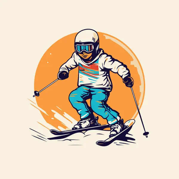 Kasklı Kayakçı Kayakla Gezen Gözlüklü Vektör Illüstrasyonu — Stok Vektör
