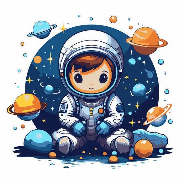 Leuke Cartoon Astronaut Jongen Ruimte Vector Illustratie Van Een Kleine — Stockvector