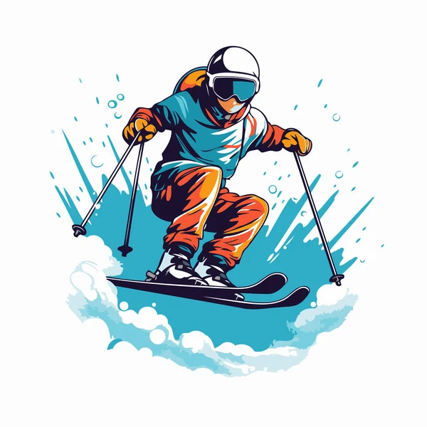 Векторная Иллюстрация Лыжника Шлеме Очках Катания Лыжах Склону Синем Фоне — стоковый вектор