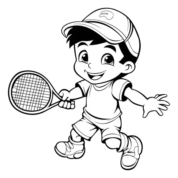 Cute Little Boy Gra Tenisa Czarno Białe Kreskówki Ilustracja — Wektor stockowy