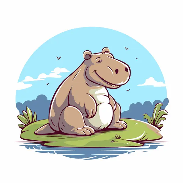 Hippopotamus Zit Het Gras Vector Illustratie Cartoon Stijl — Stockvector