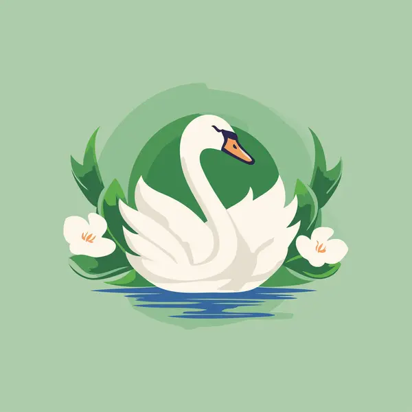 Cygne Avec Des Fleurs Sur Fond Vert Illustration Vectorielle Style — Image vectorielle