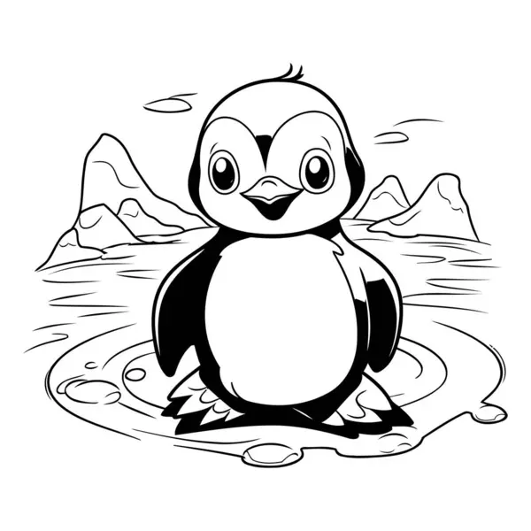 Roztomilý Tučňák Sedící Skále Černobílá Vektorová Ilustrace — Stockový vektor