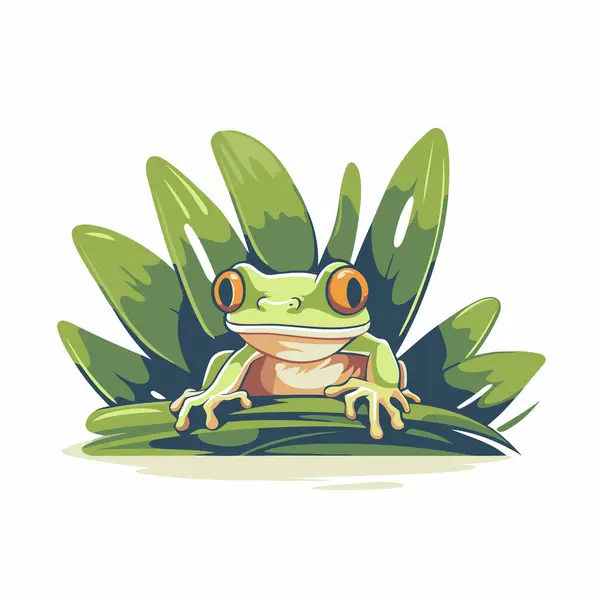Frog Sitting Grass Vector Illustration Isolated White Background — Stock Vector