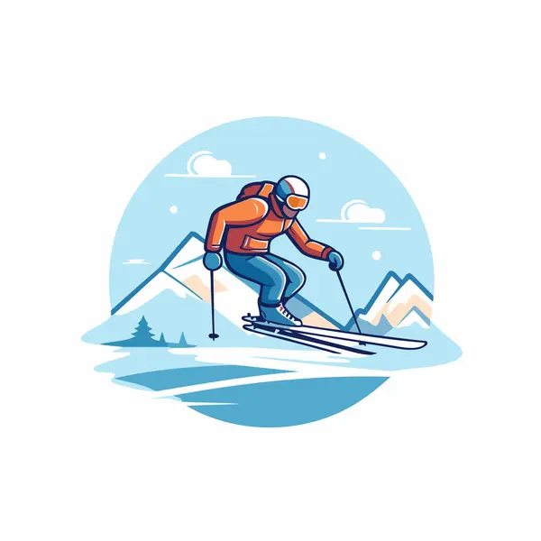 Skigebied Logo Met Skiër Bergen Vectorillustratie — Stockvector