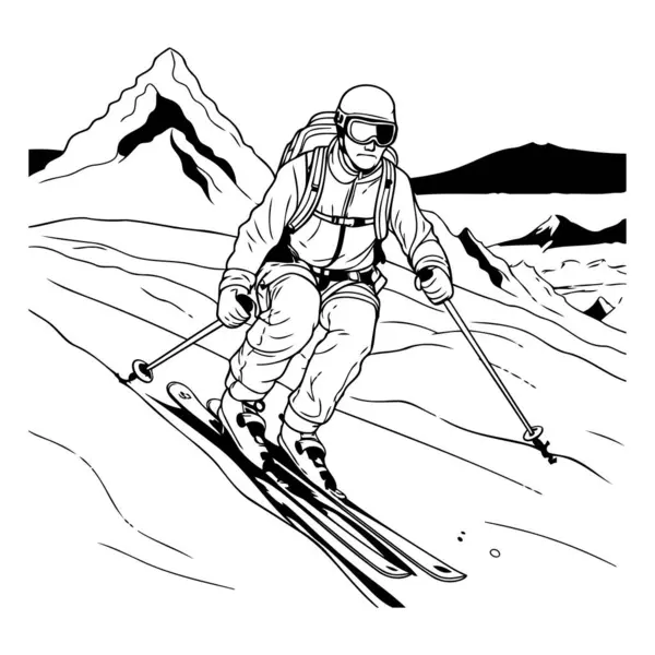 Skifahrer Beim Skifahren Den Bergen Schwarz Weiße Vektorillustration Des Skifahrens — Stockvektor