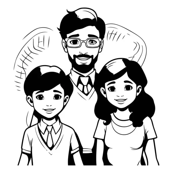 带着成年儿女的家庭父亲卡通画黑白矢量图形设计 — 图库矢量图片