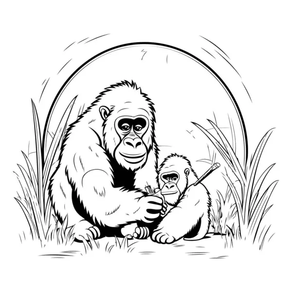 Gorilla Mother Her Baby Black White Vector Illustration — Stock Vector