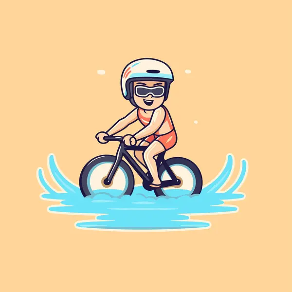 Vektorillustration Eines Mädchens Mit Helm Das Auf Dem Wasser Fahrrad — Stockvektor