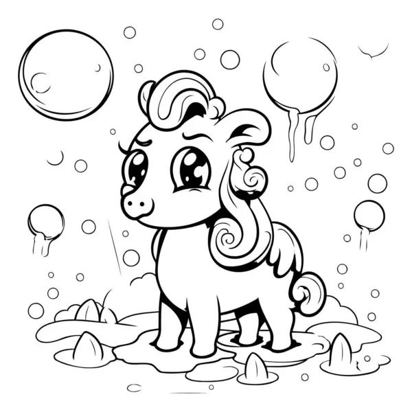 Black White Cartoon Illustration Cute Horse Hippopotamus Animal Coloring Book — Stock Vector