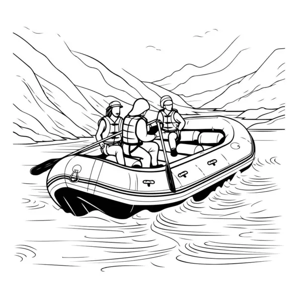 Rafting Lago Ilustración Vectorial Blanco Negro — Vector de stock