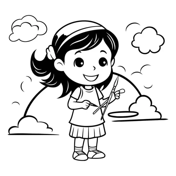 Zwart Wit Cartoon Illustratie Van Schattig Klein Meisje Spelen Jongleren — Stockvector