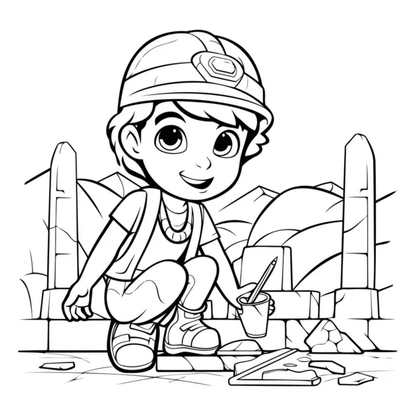 Zwart Wit Cartoon Illustratie Van Kid Boy Bouwvakker Karakter Voor — Stockvector