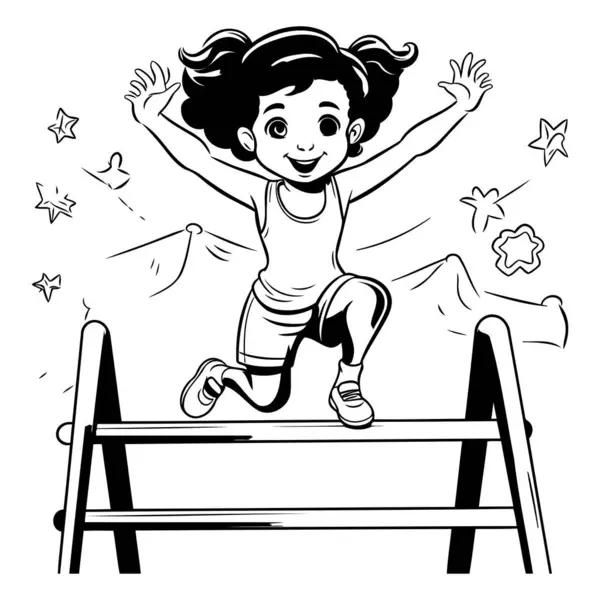 Menina Feliz Saltando Sobre Obstáculo Ilustração Desenho Animado Vetorial Preto — Vetor de Stock