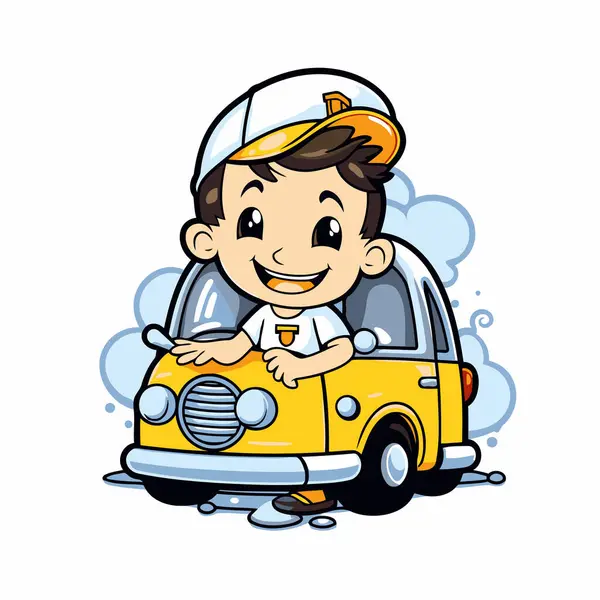 Cute Little Boy Driving Car Vector Cartoon Character Illustration — Stock Vector