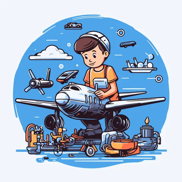 Концепция Обслуживания Ремонта Самолетов Векторная Иллюстрация Стиле Мультфильма — стоковый вектор
