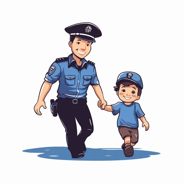 彼の腕に子供と一緒に歩いている警察官のベクトルイラスト — ストックベクタ