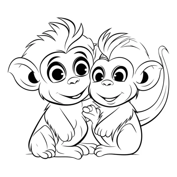 Monkey Couple Black White Vector Illustration Coloring Book — Stock Vector