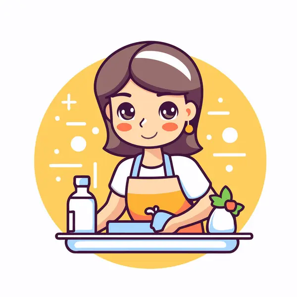 かわいい女の子が皿を洗っている フラットスタイルのベクトルイラスト — ストックベクタ