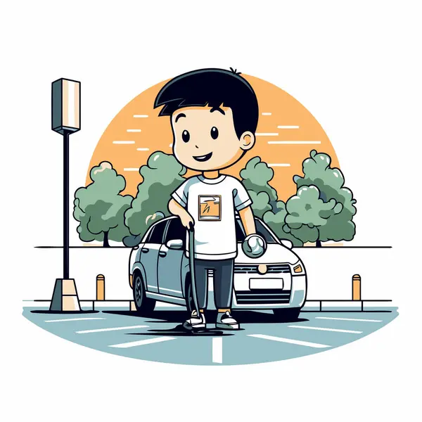 Young Man Standing Next His Car Street Vector Illustration — Stock Vector