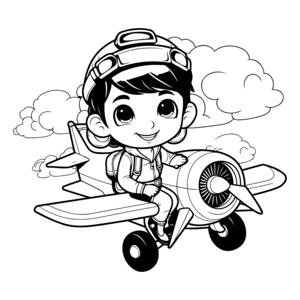 Flieger Junge Fliegen Mit Flugzeug Cartoon Vector Illustration Grafik Design — Stockvektor