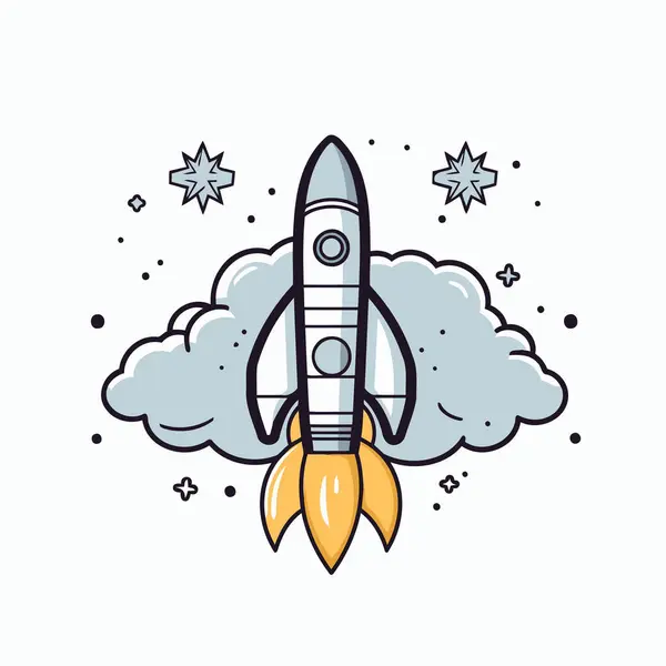 Rocket Icon Doodle Style Clouds Stars Vector Illustration — Stock Vector