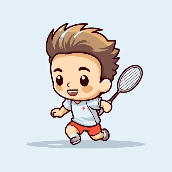 Cute Boy Gry Badminton Postać Kreskówek Wektor Ilustracji Projektu — Wektor stockowy
