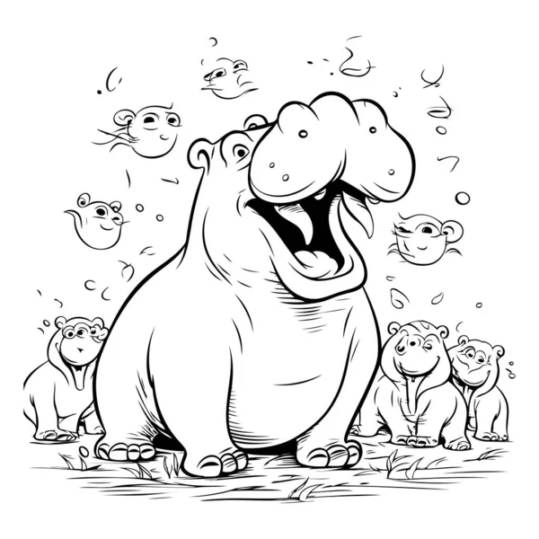 Hippopotame Avec Groupe Singes Illustration Vectorielle — Image vectorielle