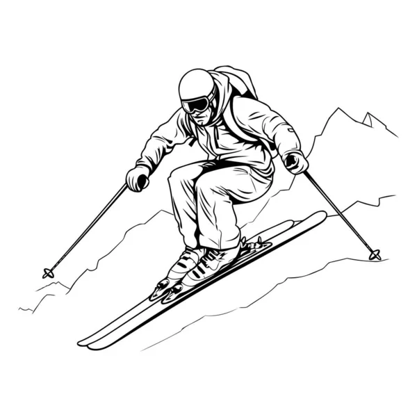 Kayak Yapıyorum Yokuş Aşağı Kayan Bir Kayakçının Tek Renkli Vektör — Stok Vektör