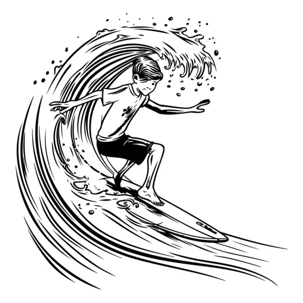 Chica Surfista Ola Ilustración Vectorial Blanco Negro — Archivo Imágenes Vectoriales