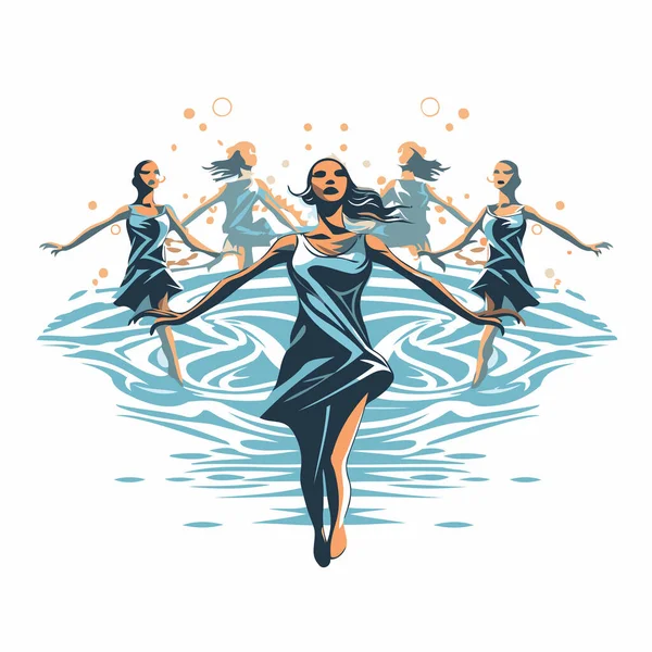 三个漂亮的女孩在水里跳舞 白色背景的矢量说明 — 图库矢量图片