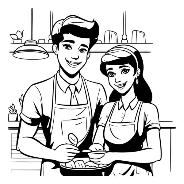 Ζευγάρι Μαγείρεμα Τροφίμων Στο Εστιατόριο Κινουμένων Σχεδίων Εικονογράφηση Διάνυσμα Γραφιστική — Διανυσματικό Αρχείο