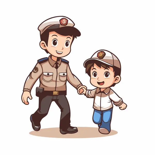 Vector Illustratie Van Een Jongen Zijn Vader Lopen Met Politie — Stockvector